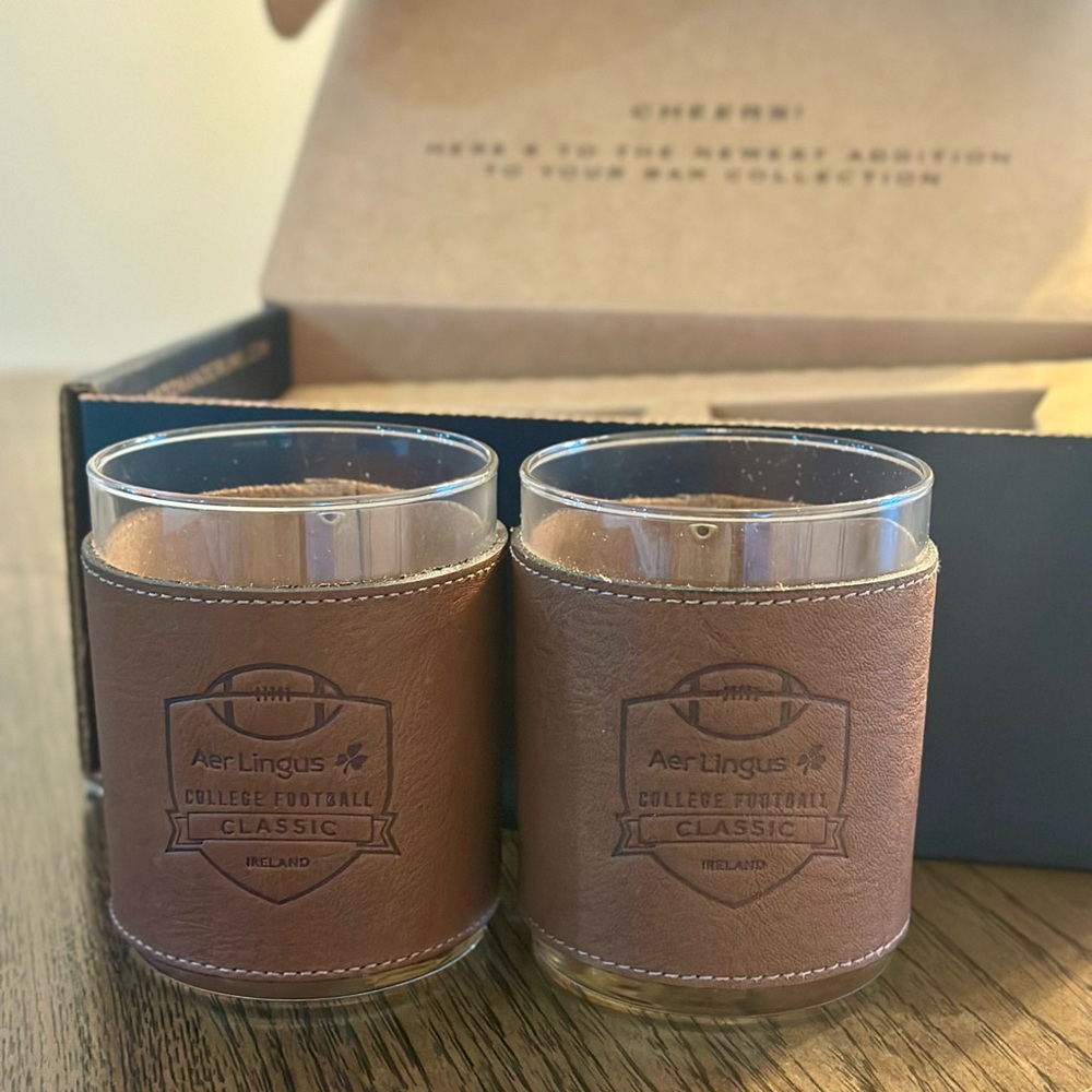 NWT Aer Lingus College Football Classic Glasses with Leather Sleeves